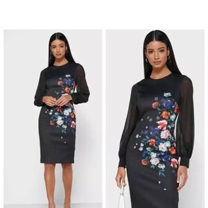 Ted Baker Asymmetrical Gray Sheath Dress with Bishop Sleeves Size US 6